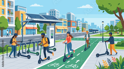 Diverse group of people enjoying a sunny day riding electric scooters on a dedicated bike lane in a modern, eco-friendly city with solar panels.