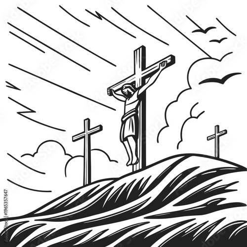 Jesus christ on the cross with two other crosses