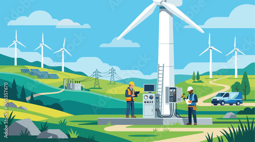 Two diverse male technicians in hard hats and vests inspect equipment at a wind farm, with solar panels, power lines, and a service van in a scenic landscape.