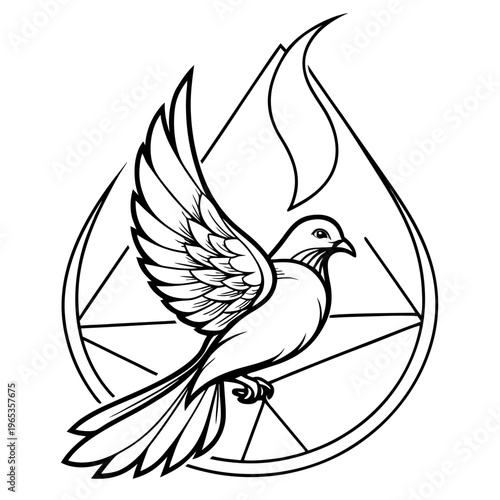 A dove in flight with a pentagram and flame