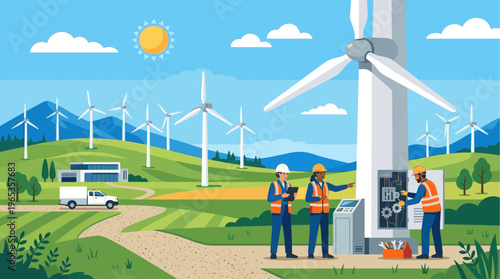 Diverse team of engineers in hard hats and vests examine wind turbines and control panel at a clean energy wind farm on a sunny day.