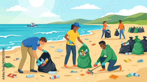 Diverse group of people actively cleaning a sandy beach environment, collecting trash and filling bags, promoting environmental awareness and teamwork.