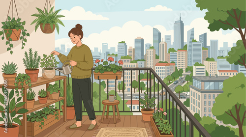 A woman tends to her potted plants on a balcony overlooking a city skyline, enjoying a peaceful morning with a cup of coffee.