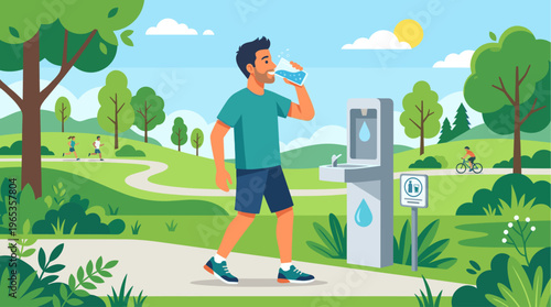 A man pauses his park activities to drink from a water fountain amidst lush greenery and a sunny sky, with others exercising in the background.
