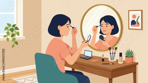 A smiling woman applies mascara in a mirror, surrounded by makeup and plants, representing self-care and beauty in a cozy home setting.