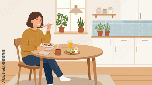 A young woman enjoys a healthy breakfast of cereal, toast, and juice in a bright, minimalist kitchen filled with plants.