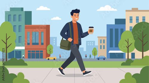 A smiling young man walks down a city sidewalk holding a coffee cup and carrying a messenger bag, with buildings and trees in the background.