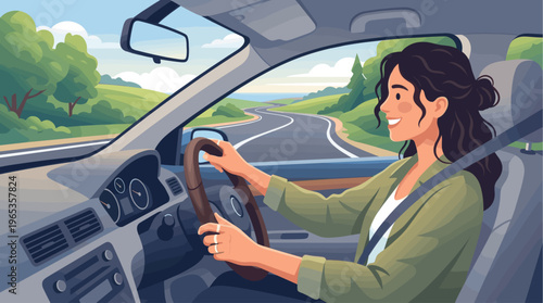 A smiling woman drives her car down a winding road through a picturesque landscape with rolling green hills and trees under a bright blue sky.