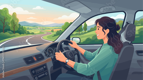 A woman with dark curly hair happily drives a car on a winding road through a green rural landscape under a pastel sky.