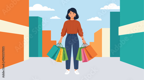 A smiling woman holds several colorful shopping bags while standing in a modern city environment with abstract buildings and a blue sky.
