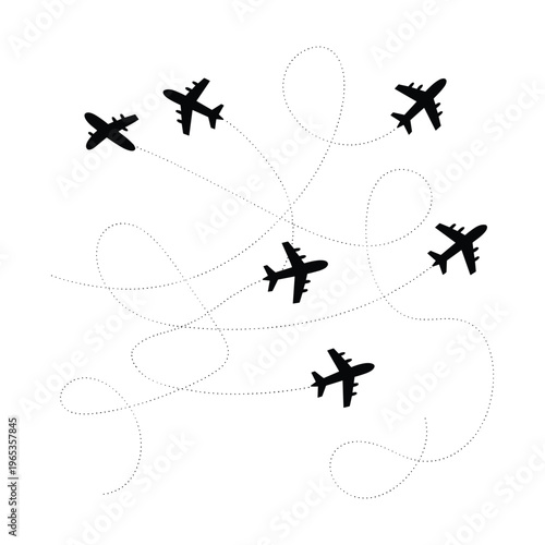 A formation of seven small airplanes flying in a loose pattern against a white sky with scattered dark specks