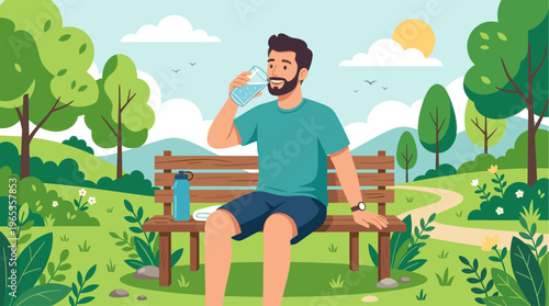 A man in casual clothes sits on a wooden park bench, drinking water from a glass on a sunny day with lush greenery surrounding him.
