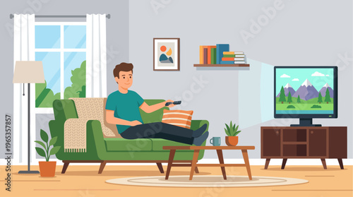 A man relaxes on a green sofa in a cozy living room, holding a remote control and watching a nature scene on television.