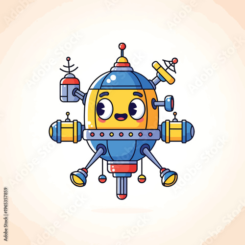 A cute, cartoon-styled space robot with antennas, ports, and a friendly face. The design uses bright colors and a charming, whimsical style