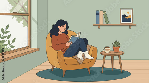 A young woman relaxes in a comfortable armchair by a window, reading a book with a cup of coffee nearby, evoking a peaceful, cozy atmosphere.