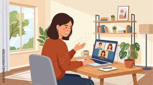 A smiling woman participates in a video conference call with multiple participants from her home office, representing modern communication and remote work.