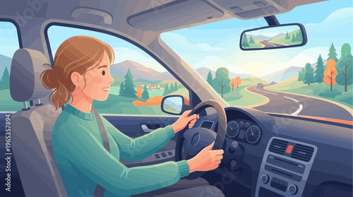 A woman with brown hair drives a car on a winding road through a mountainous landscape with trees and a clear blue sky.
