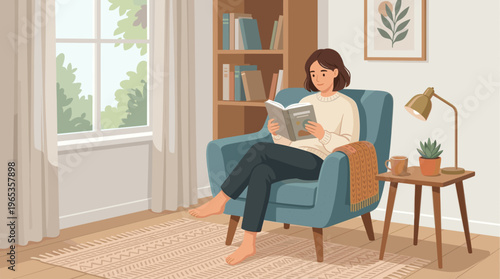 A young woman relaxes in a comfortable armchair, engrossed in a book, with natural light streaming through a nearby window, creating a peaceful and serene atmosphere.