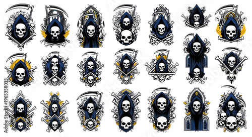 Grim Reaper Skulls Scythes Bones Emblematic Designs Set