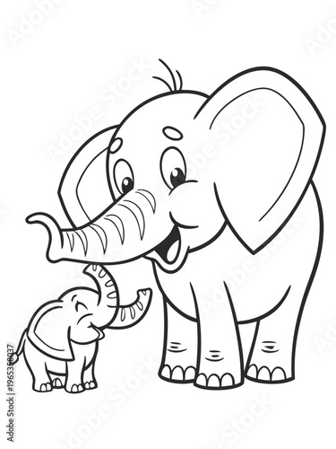 A cartoon elephant is touching trunks with a smaller elephant