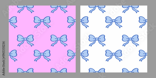 Seamless pattern with blue ribbon bows on pastel backgrounds, coquette style design, cute decorative repeating texture for fabric wrapping