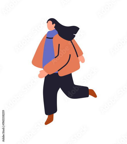 Girl in outerwear is late and hurry up. Business woman makes efforts to keep up. Person in winter clothes runs, rushing to be on time. Flat isolated vector illustration on white background