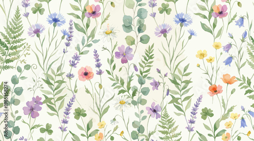 A charming watercolor illustration featuring a seamless pattern of wildflowers including lavender, daisies, poppies, cornflowers, and bellflowers on a pale background.
