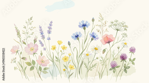 A charming watercolor illustration depicts a vibrant meadow border with a variety of wildflowers, grasses, and lavender against a soft, neutral background.