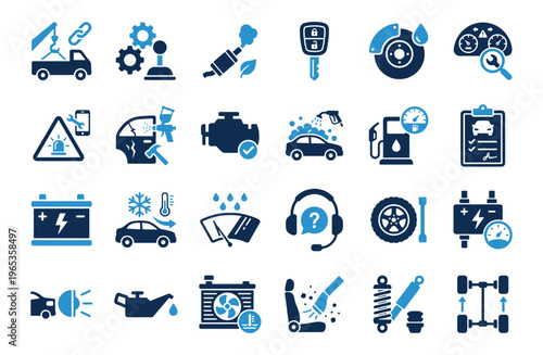 Professional two-tone blue vector icons for auto repair, car maintenance, battery check, engine diagnostics, and car wash services. Perfect for garage websites, apps, and workshop signage.