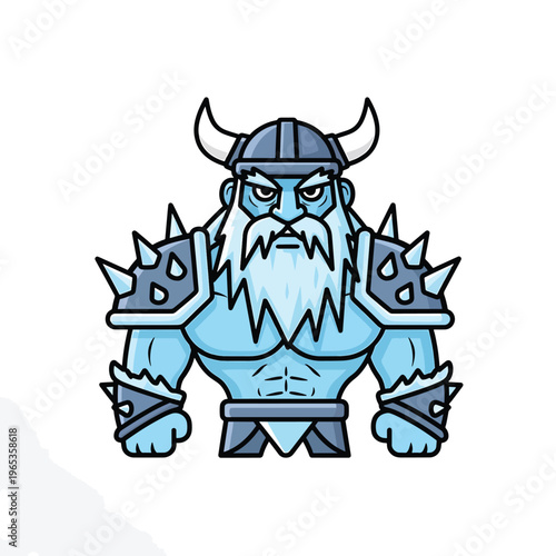 A muscular, cartoonish humanoid figure, clad in ice-blue armor and a helmet with horns, bears a stern expression. Its long beard appears frozen