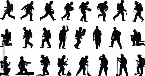 Firefighter silhouettes set with firemen in action using hoses axes and equipment for emergency rescue fire department and safety services