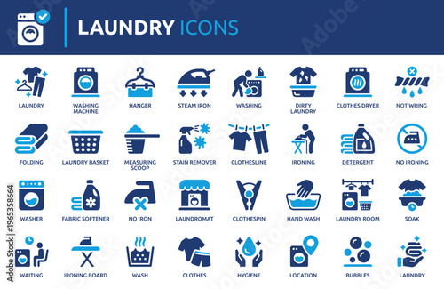 Laundry icon set, containing washing machine, dryer, hanger, iron, clothes and hygiene. Solid vector icons collection.