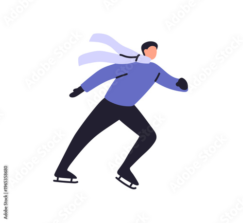 Happy man with knitted scarf skates on ice rink. Skater is training in cold weather, slides and has fun. Athlete does winter sport outdoors. Flat isolated vector illustration on white background