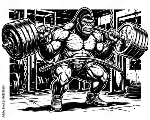 Powerful gorilla bodybuilder performing a heavy barbell squat in a gym, beast mode fitness illustration.