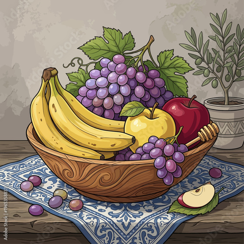 A vibrant still life illustration of a wooden bowl overflowing with fresh fruits including bananas, red and green apples, and purple grapes, set on a patterned blue and white tablecloth.