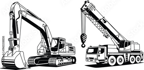 Heavy construction machinery set with excavator and mobile crane truck vector illustration for industrial building site engineering and lifting equipment