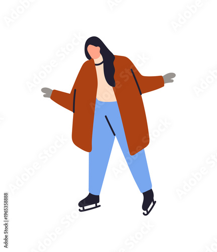 Woman in warm coat is learning to skate. Girl in outerwear has fun, slides on ice rink. Funny skater in mittens is training her skills in winter. Flat isolated vector illustration on white background