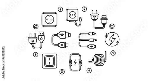 Modern plug wire and electrical outline icons collection with cable, socket, and adapter symbols