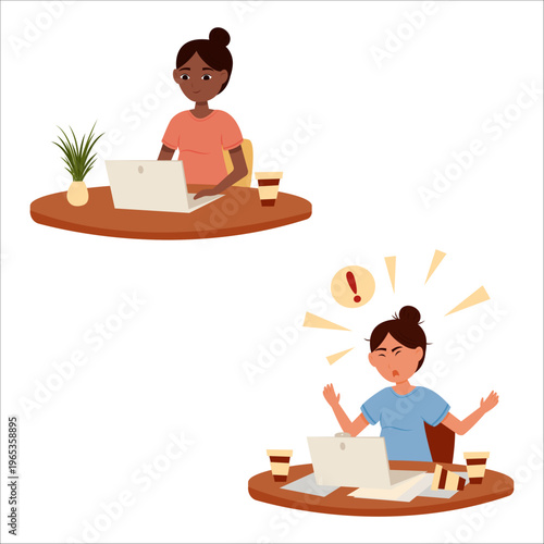 Vector illustration of an office worker in various emotional states. Joy, stress, multiculturalism, burnout