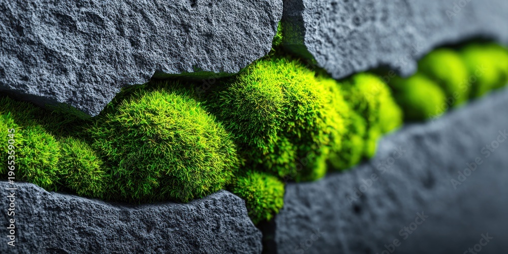 Fototapeta premium Vibrant green moss growing in a crack between rough gray stone slabs