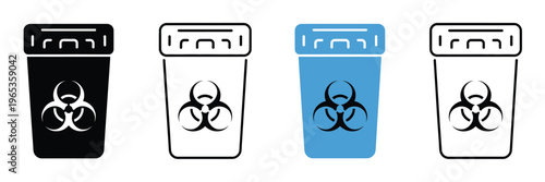 Sharps, container icon set featuring medical waste symbols, needle and syringe hazardous disposal concepts, healthcare and hospital safety design, modern flat vector