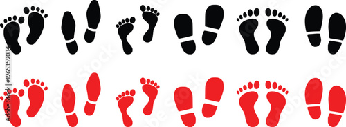 Footprint Icon Set Vector – Human Barefoot and Shoe Prints Silhouette Collection in Black and Red