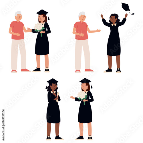 Hugs, graduation, and receiving a diploma. College, student, and graduation ceremony, event, and receiving a degree