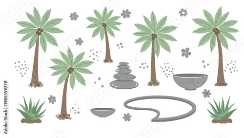 Zen garden elements with palm trees stones sand path and decorative plants peaceful landscape vector illustration set