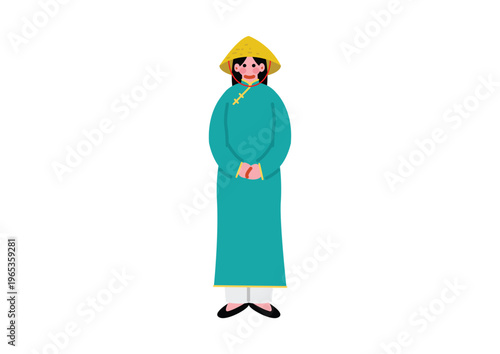ヴェトナムの伝統的な民族衣装を着た女性のイラスト