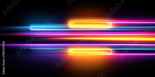 Abstract glowing neon light streaks in vibrant colors on a dark background