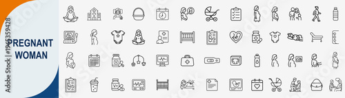 Pregnant woman and maternity healthcare line icons set, vector