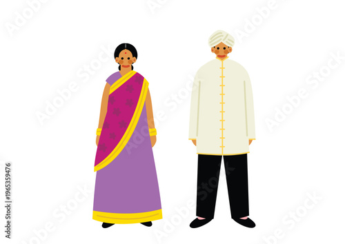 インドの伝統的な民族衣装を着た男女のイラスト