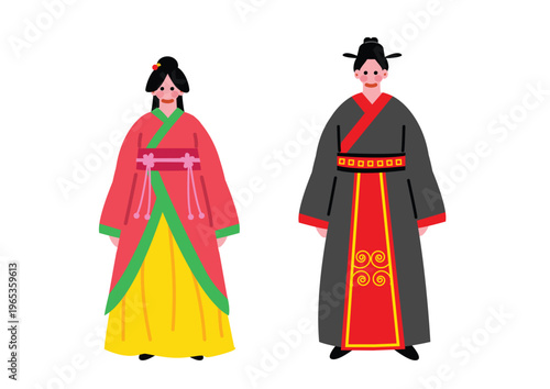 中国の伝統的な民族衣装を着た男女のイラスト