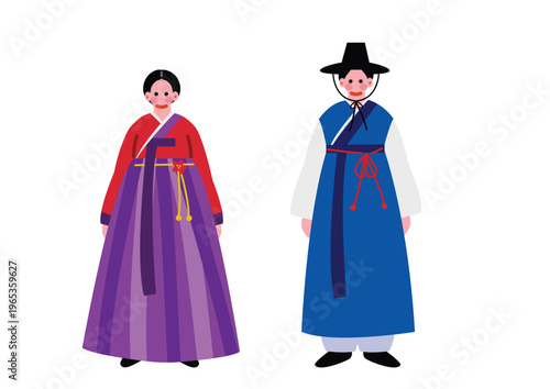 韓国の伝統的な民族衣装を着た男女のイラスト
